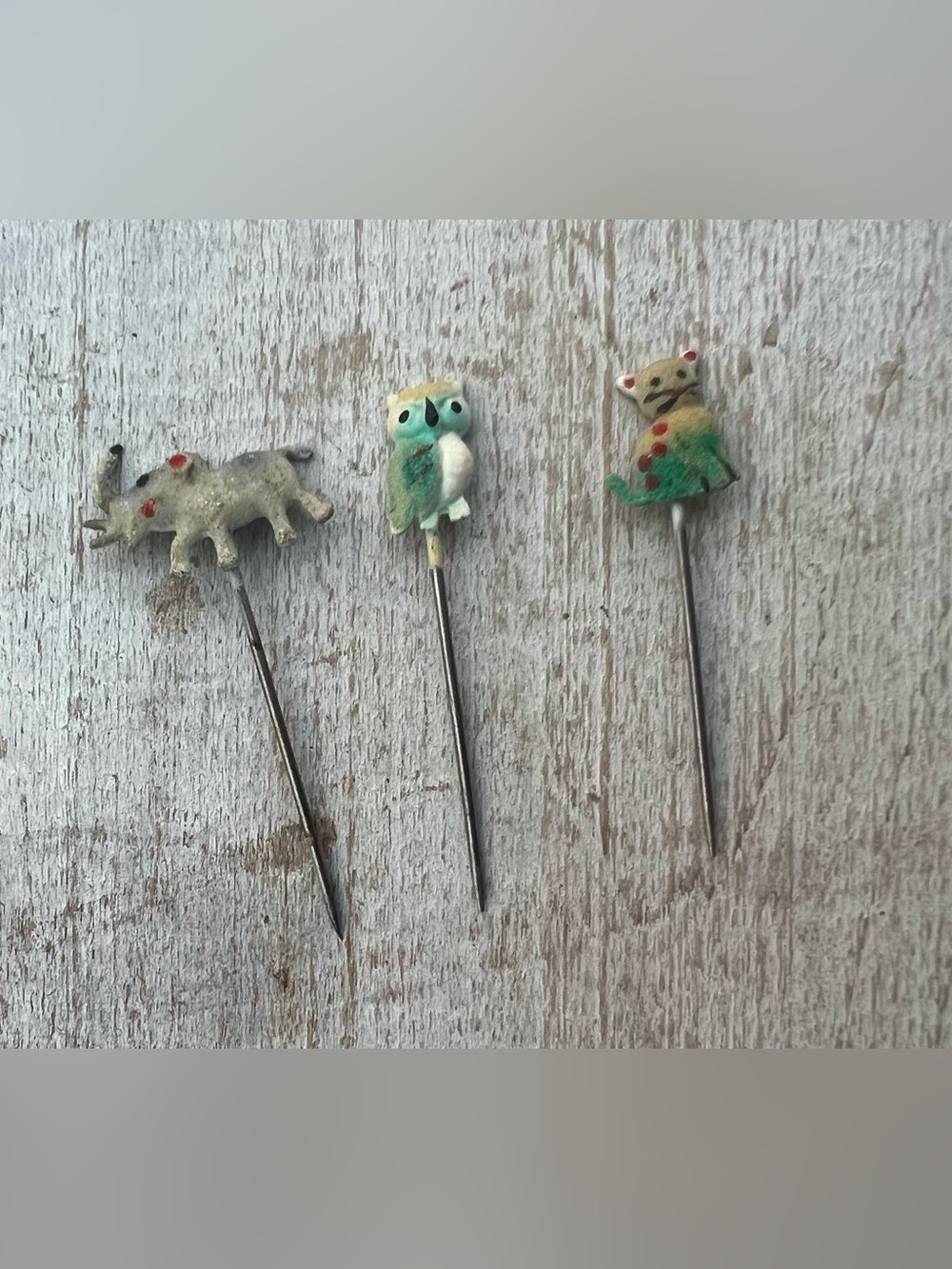 Vintage Miniature Figural Stick Pins Set of 3 Elephant Owl Cat